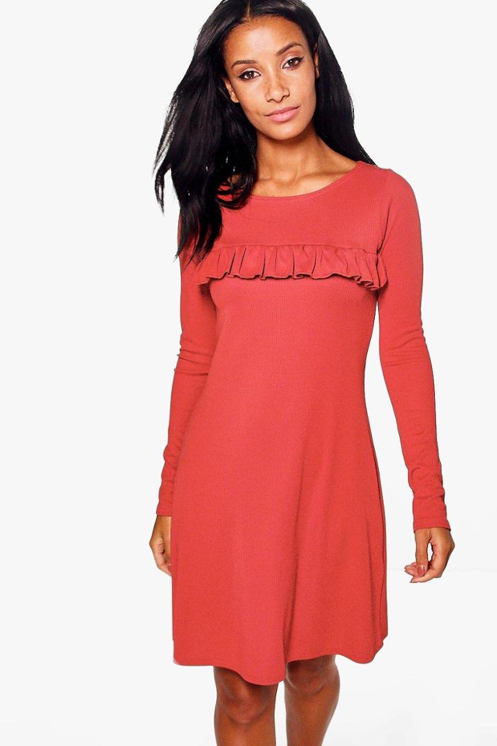 Boohoo Quinn Rib Frill Swing Dress Cinnamon