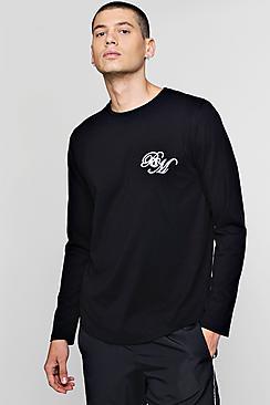 Boohoo Long Sleeve Bm Logo T-shirt With Curve Hem