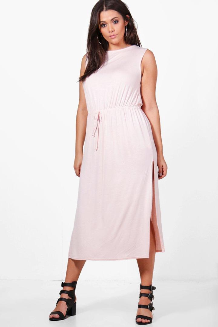 Boohoo Plus Amelia Jersey Basic Split Midi Dress Blush