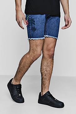 Boohoo Slim Fit Denim Shorts With Floral Embroidery
