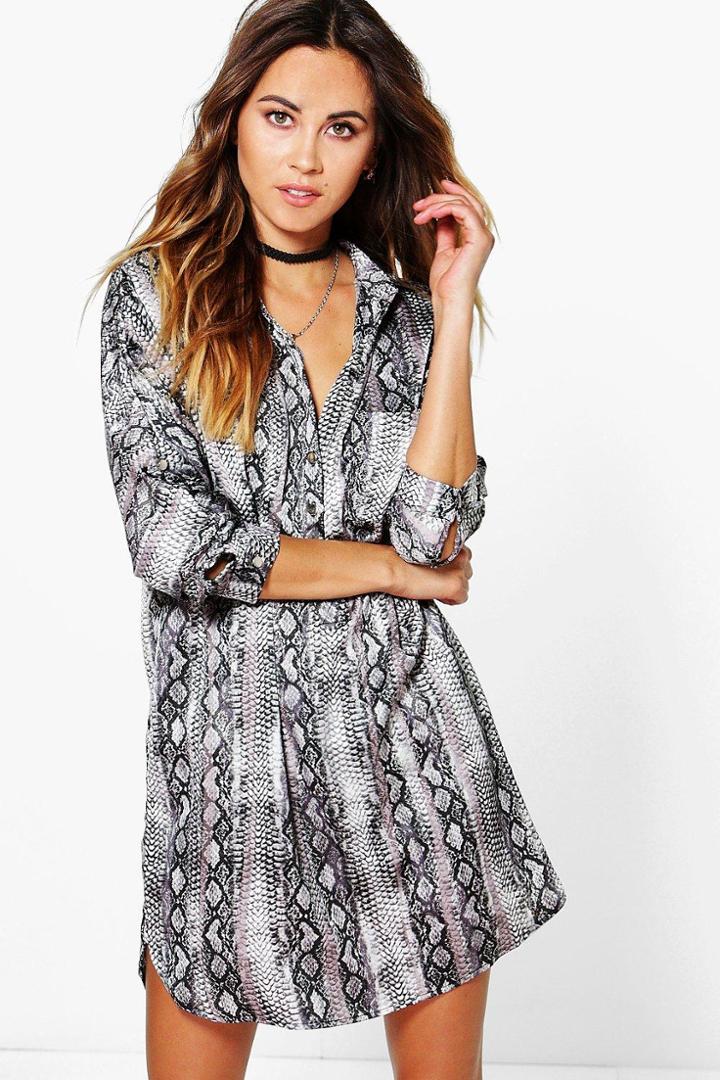 Boohoo Arianna Snake Print Shirt Dress Multi