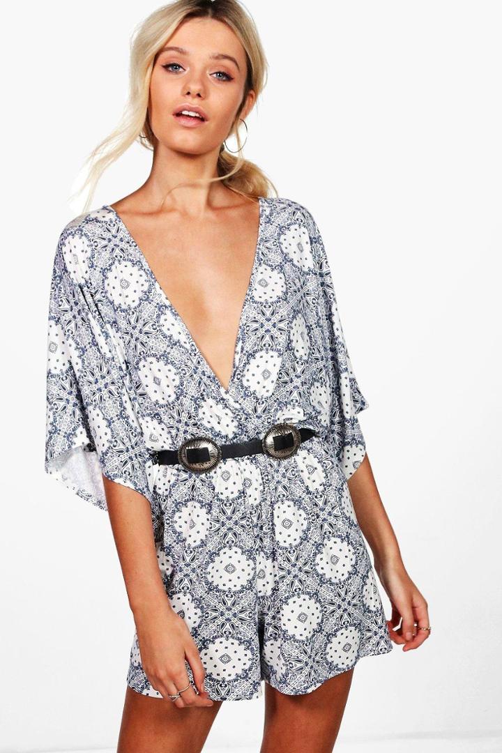 Boohoo Tilly Tile Print Kimono Sleeve Playsuit Blue