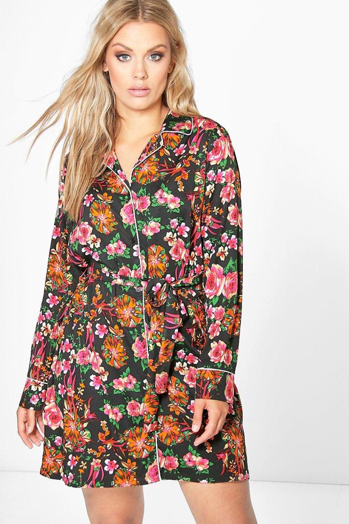 Boohoo Plus Tara Printed Piping Shirt Dress Black