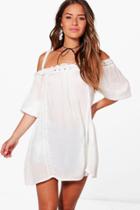 Boohoo Petite Sophie Boho Lace Cold Shoulder Dress Ivory