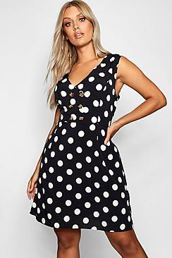 Boohoo Plus Horn Button Polka Dot Skater Dress