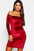 Boohoo Off Shoulder Long Sleeve Velvet Bodycon Dress