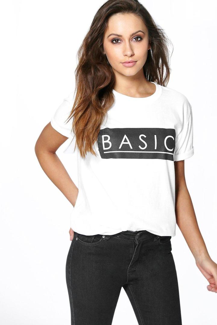 Boohoo Ella Basic Slogan Box Tee White