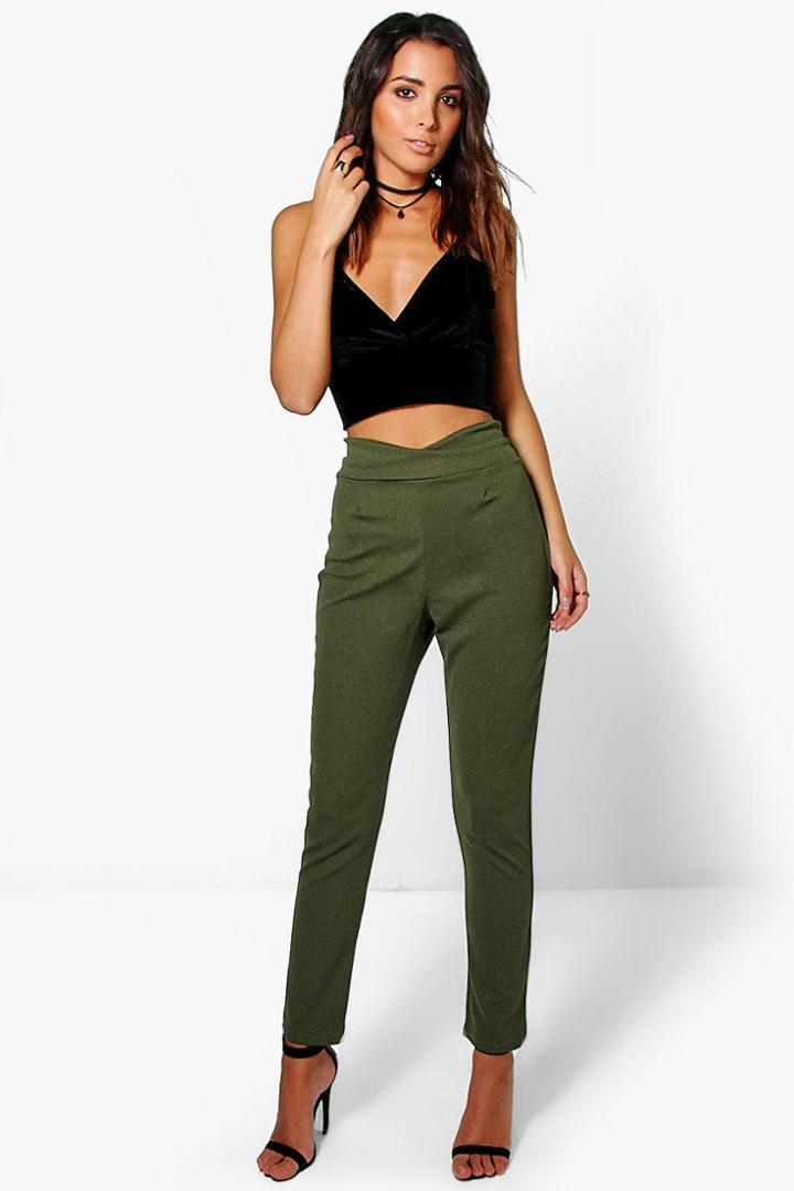 Boohoo Naia High Waist Crepe Skinny Stretch Trousers Moss