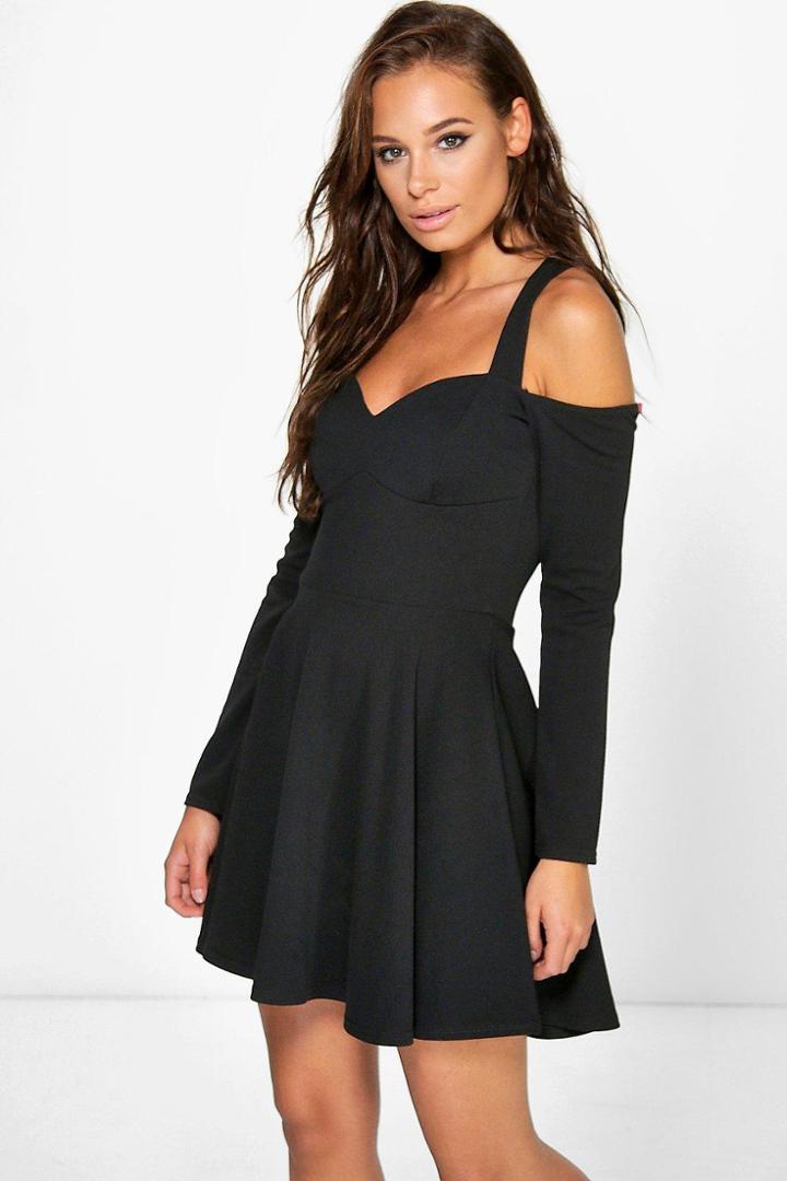Boohoo Verena Open Shoulder Skater Dress Black