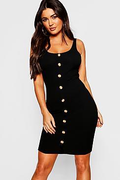Boohoo Button Front Ribbed Midi Dress