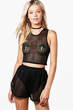 Boohoo Nelly Palm Tree Mesh Crop & Shorts Co-ord