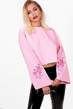 Boohoo Wide Sleeve Embroidered Crop Sweat