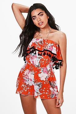 Boohoo Mia Floral Print Tassel Trim Beach Playsuit