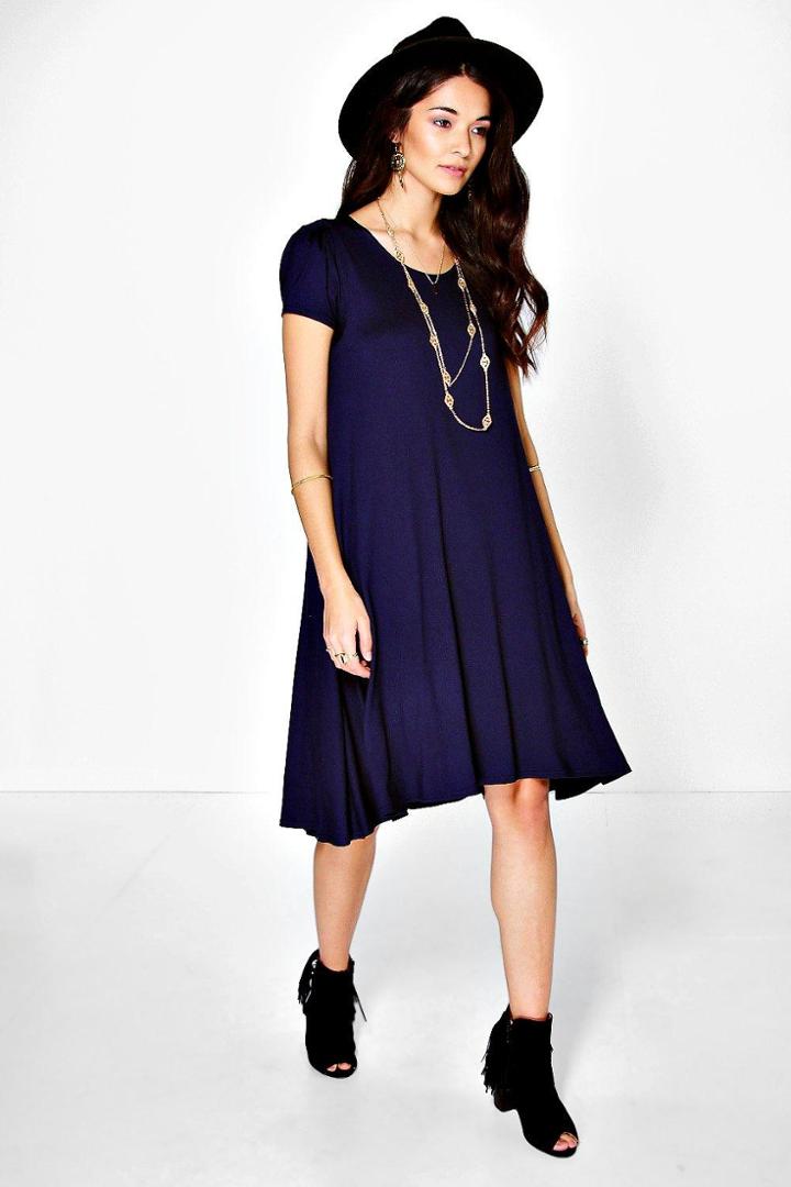 Boohoo Selma Cap Sleeve Jersey Swing Dress Midnight