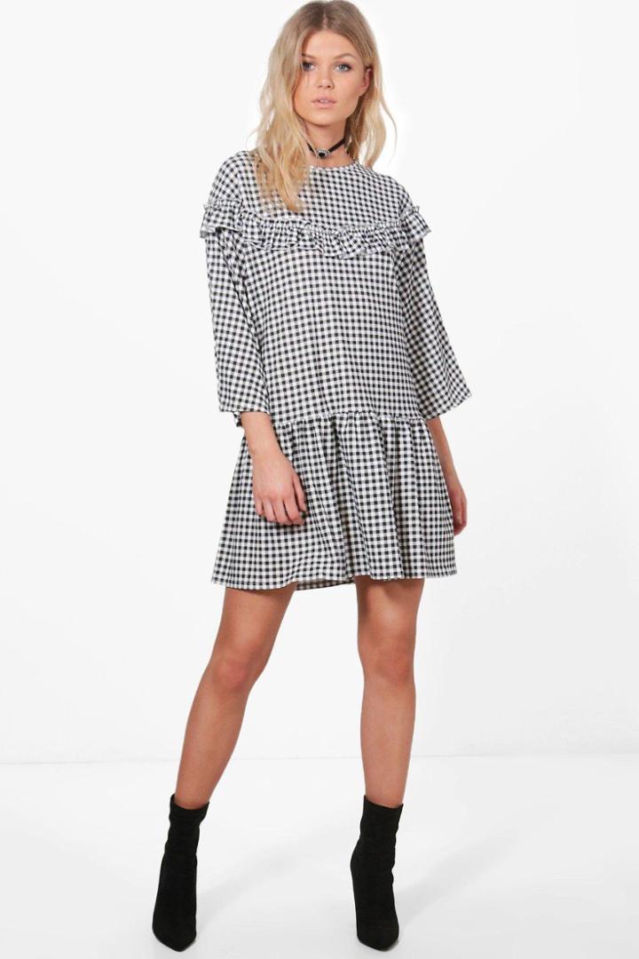 Boohoo Jenna Gingham Ruffle Hem Smock Dress Black