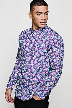 Boohoo Purple Floral Print Long Sleeve Satin Shirt