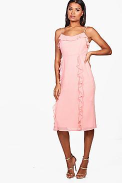 Boohoo Orlaith Chiffon Strappy Ruffle Midi Dress