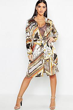 Boohoo Chain Print Belted Woven Shirt Dress