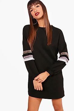 Boohoo Geo Ribbed Longline Embroidery Sleeve Sweat