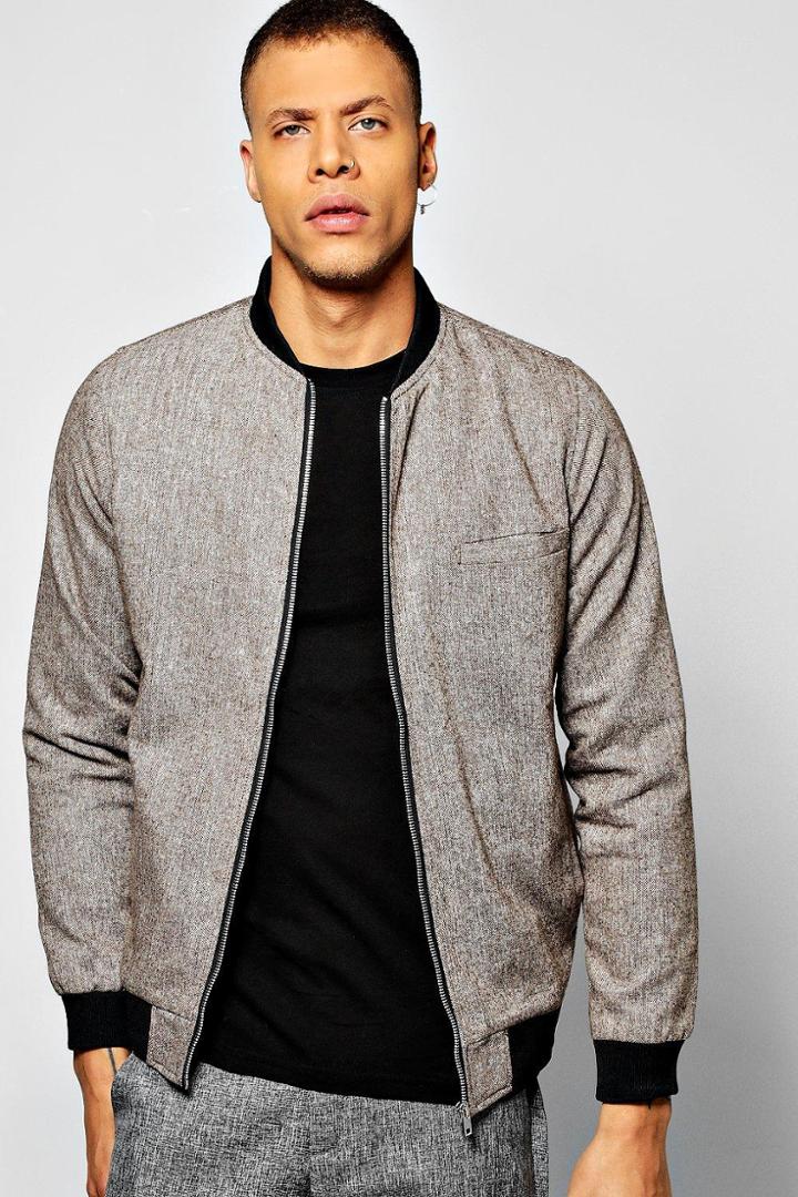 Boohoo Smart Slim Fit Tweed Tailored Bomber Brown