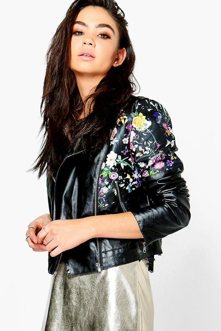 Boohoo Georgia Boutique Pu Floral Panel Biker Jacket Black