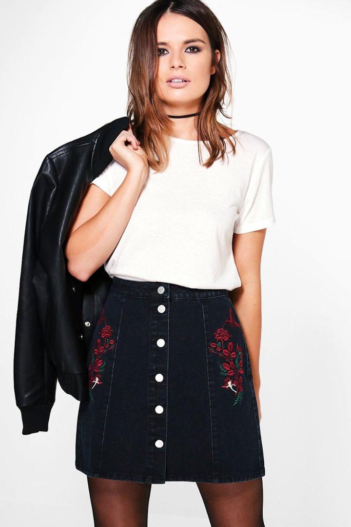 Boohoo Alexis Button Through Embroidery Denim Skirt Black