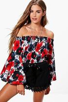 Boohoo Ella Flared Sleeve Shirred Bardot Top