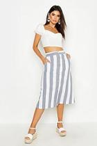 Boohoo Linen Stripe Button Through Midi Skirt