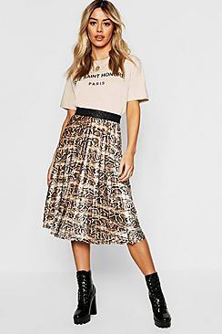 Boohoo Petite Velvet Snake Print Pleated Midi Skirt