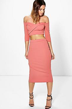 Boohoo Ina Off The Shoulder Crop & Midi Skirt Co-ord