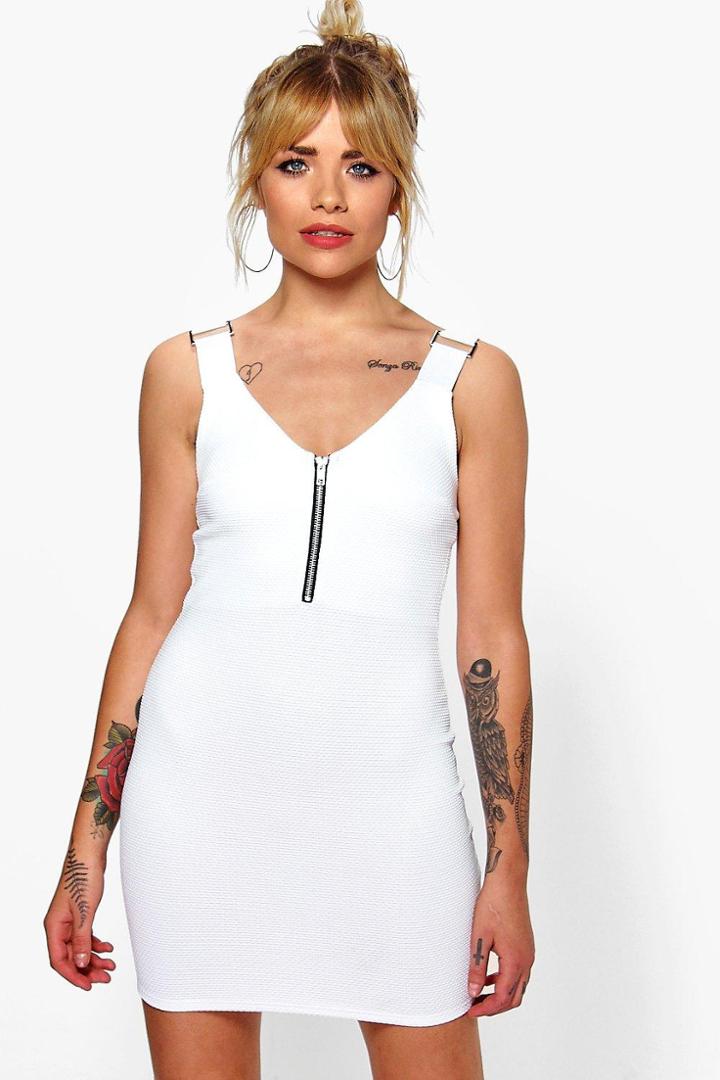 Boohoo Charly Buckle Trim Zip Front Bodycon Dress Cream