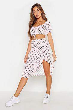 Boohoo Polka Dot Ruched Top & Ruffle Midi Skirt Co-ord