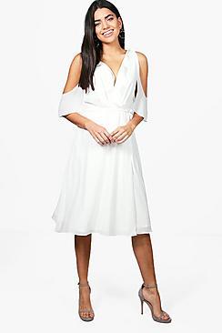 Boohoo Rae Chiffon Frill Cold Shoulder Midi Dress