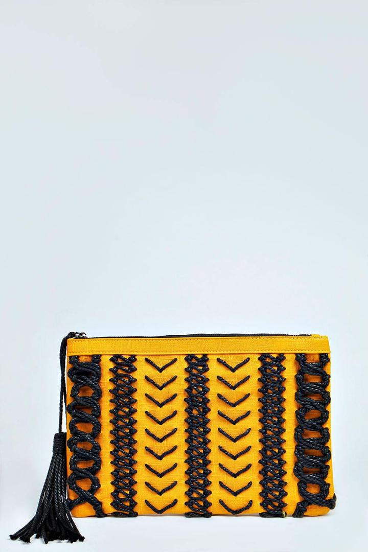 Boohoo Iona Hand Woven Tribal Large Clutch Bag - Mustard