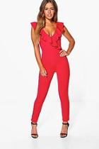 Boohoo Petite Caty Frill Wrap Front Jumpsuit