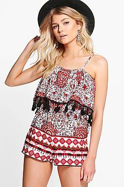 Boohoo Petite Flori Paisley Tassle Hem Playsuit