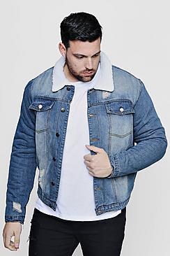 Boohoo Big And Tall Borg Lined Blue Denim Jacket