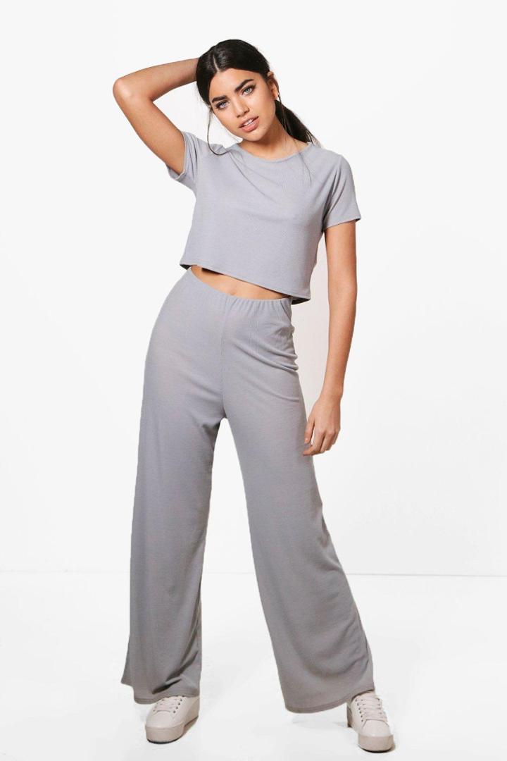 Boohoo Grace Wide Leg Trouser & Top Knitted Lounge Set Grey