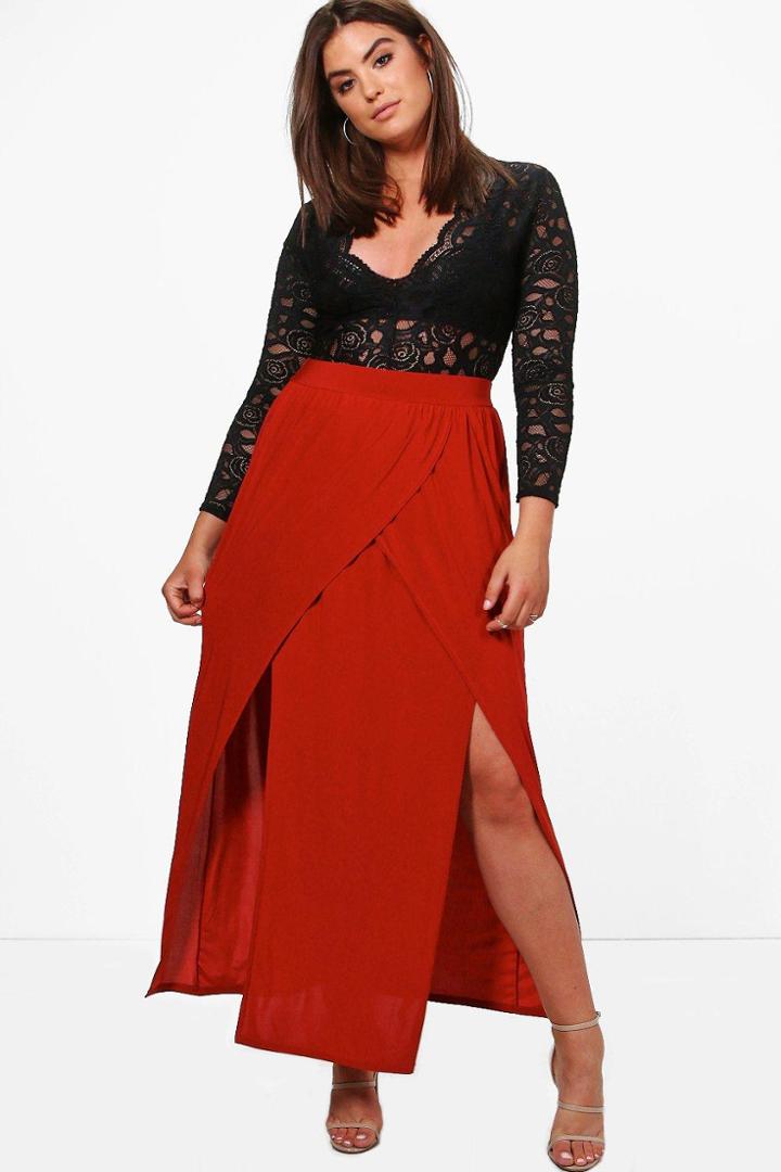 Boohoo Plus Kelly Front Mock Wrap Maxi Skirt Rust