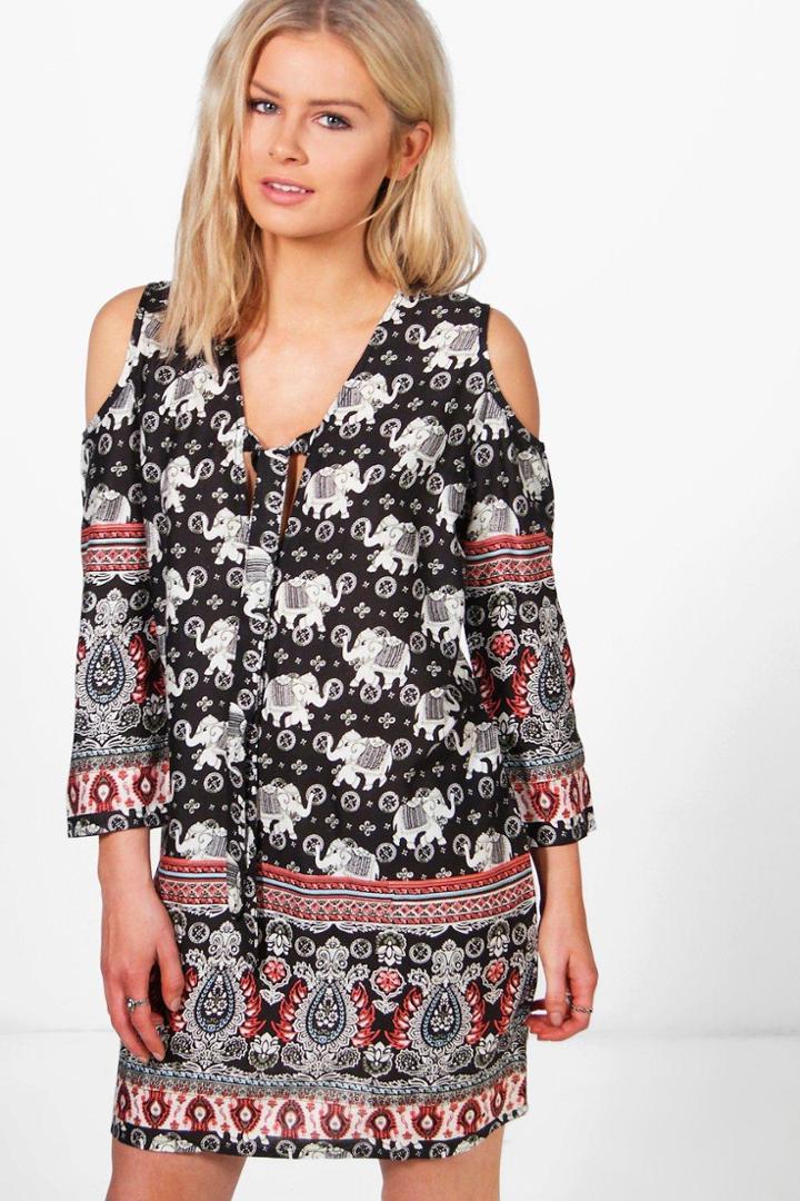 Boohoo Amy Cold Shoulder Elephant Print Dress Multi