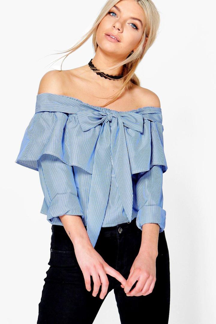 Boohoo Billie Bow Tie Striped Bardot Top Blue