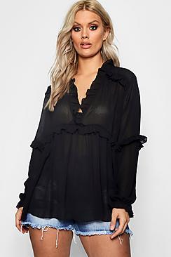 Boohoo Plus Georgie Ruffle Detail Plunge Blouse