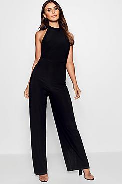 Boohoo Petite Anabel Halter Neck Slinky Tie Waisted Jumpsuit