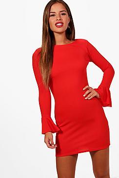 Boohoo Petite Rosa Ruffle Cuff Long Sleeve Bodycon Dress