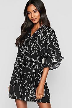 Boohoo Oversized Scribble Button Front Shirt Dress