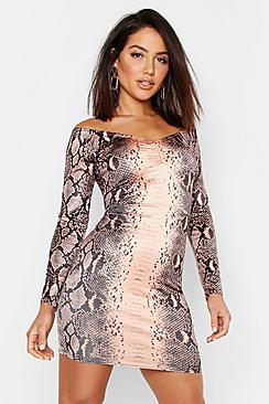 Boohoo Snake Print Off The Shoulder Bodycon Dress