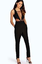 Boohoo Emma Deep Plunge Mesh Insert Woven Jumpsuit