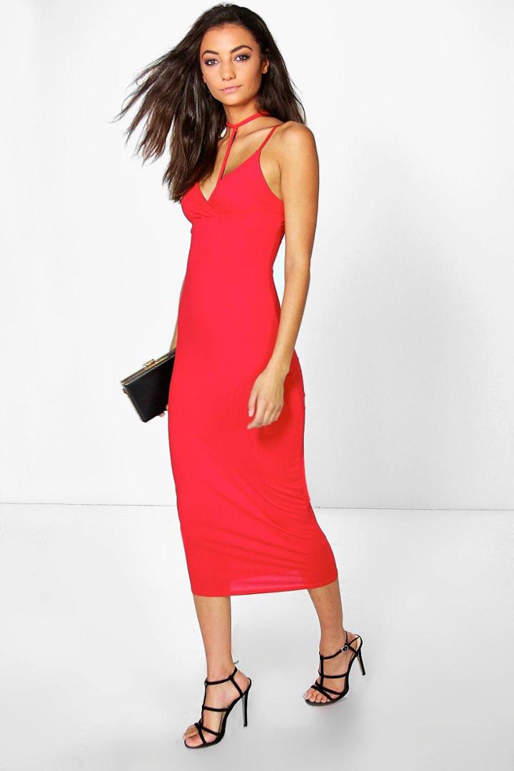 Boohoo Tall Rea Neck Strap Midi Dress Red