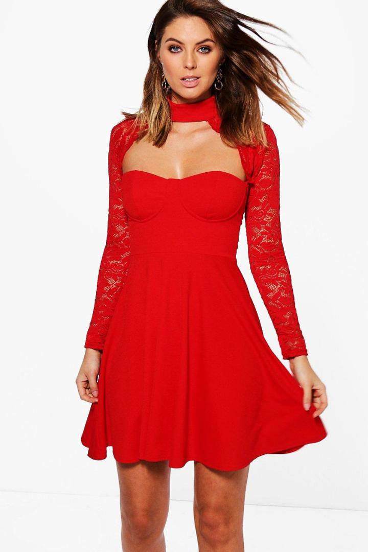 Boohoo Afua Choker Lace Detail Skater Dress Red