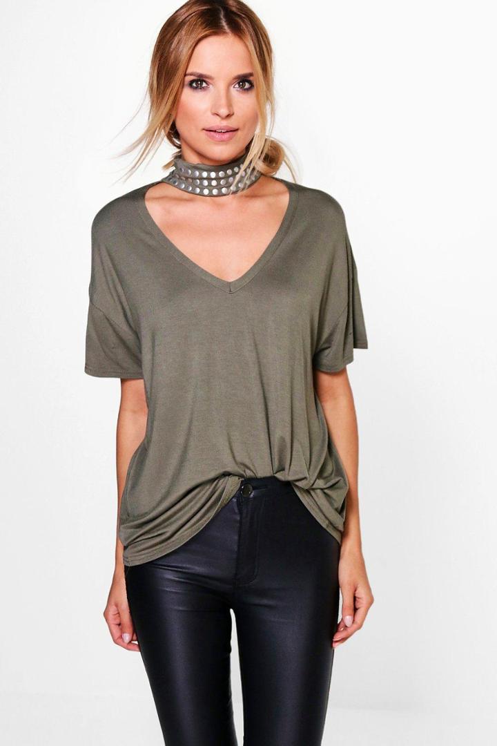 Boohoo Holly Studded Choker Oversized Tee Khaki